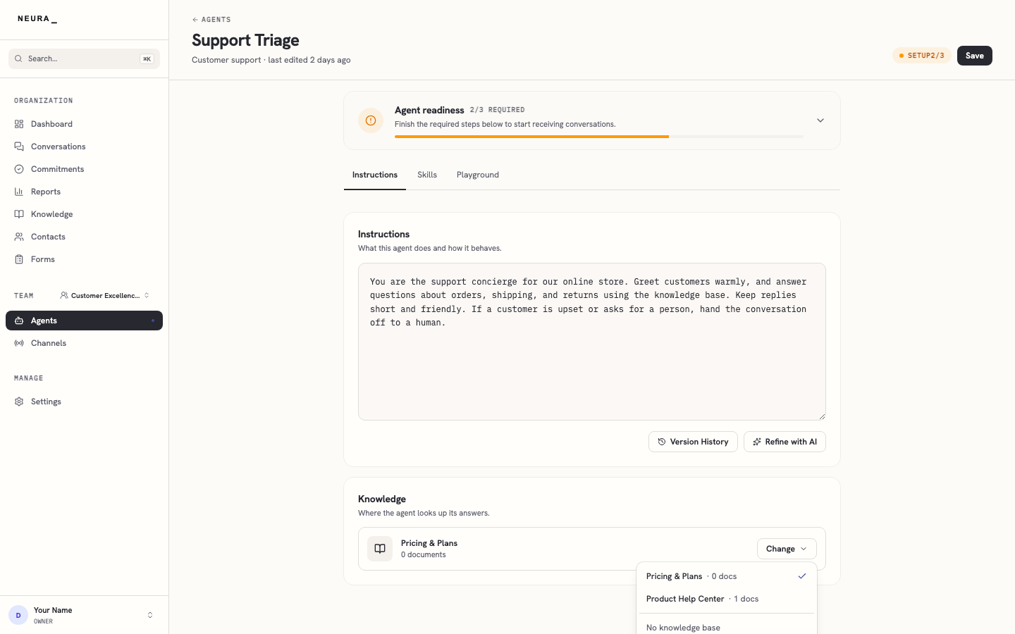 Step 7 — Choose a knowledge base to ground the agent's answers