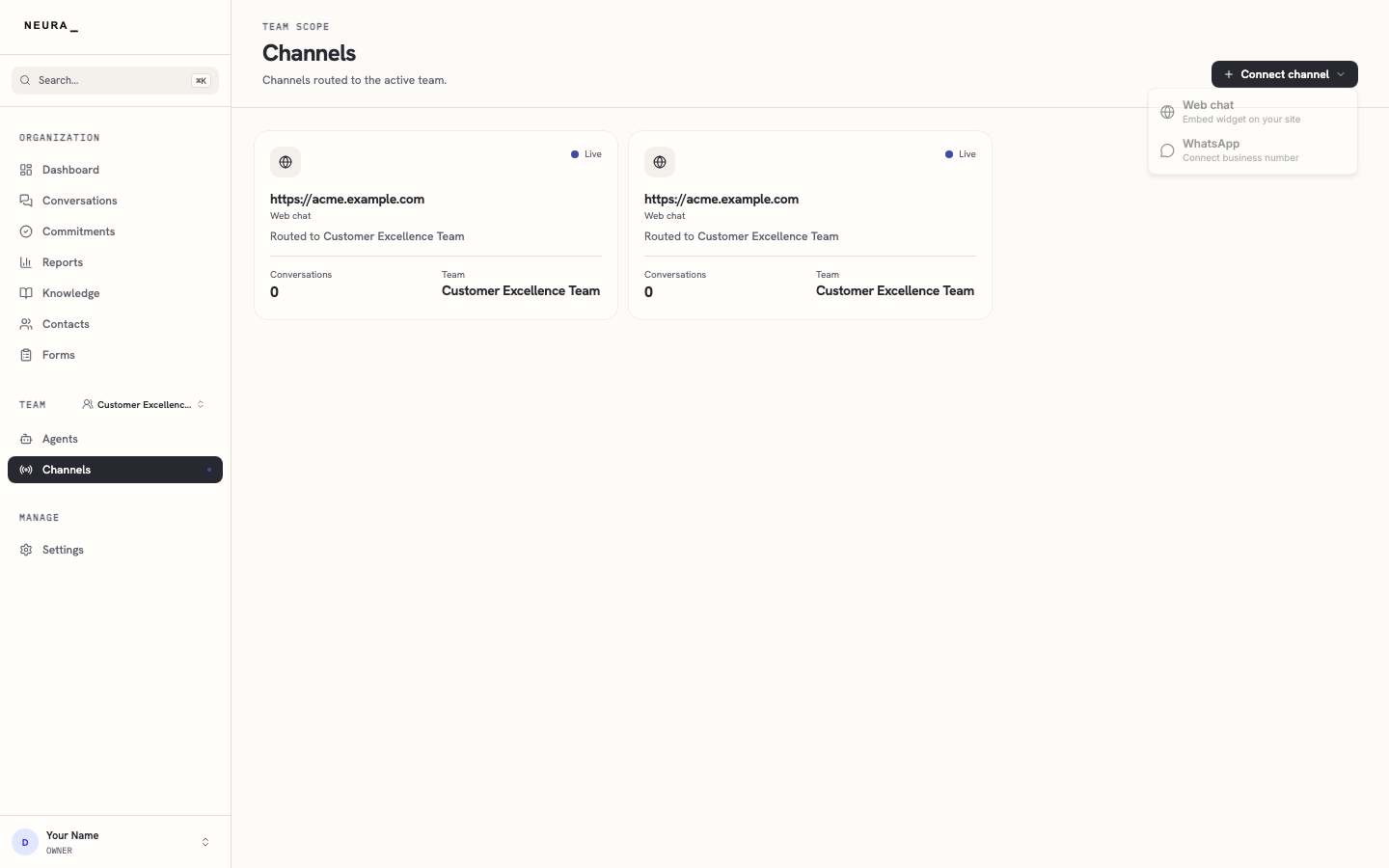 Step 2 — Connect channel menu