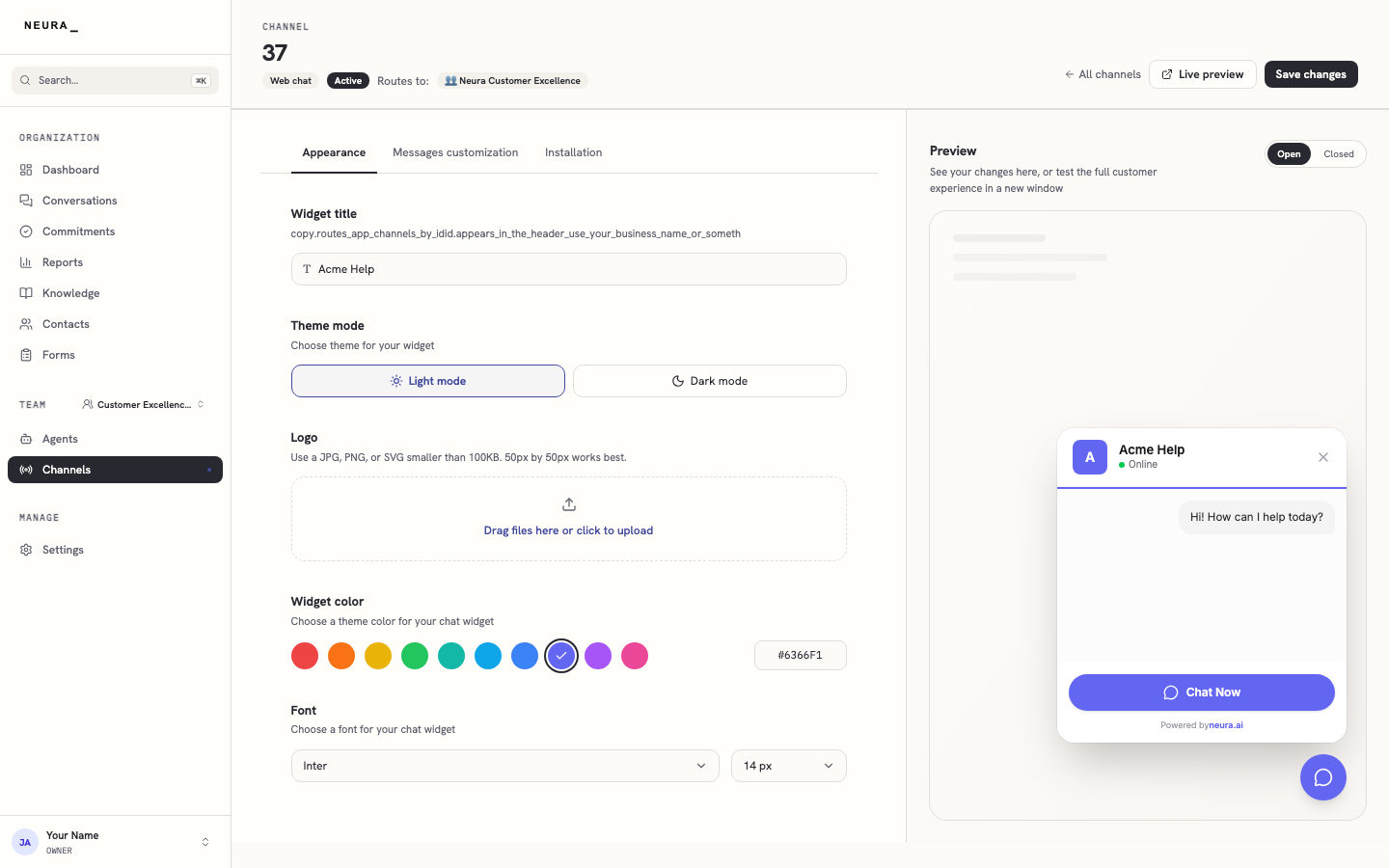 Step 4 — On the Appearance tab, set the title, theme, and colours — the preview updates live.