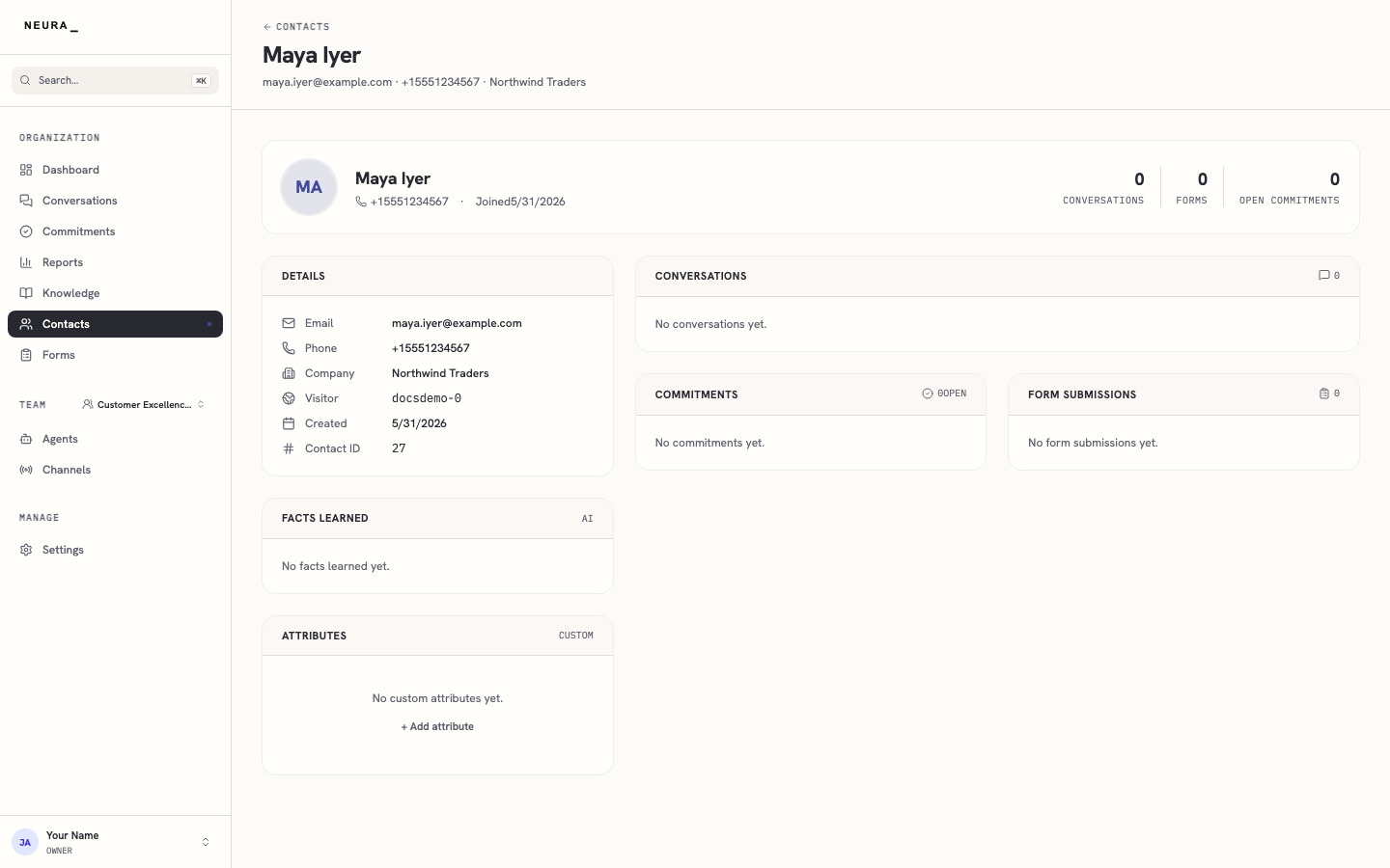Step 4 — Review the contact's details, conversations, and commitments.