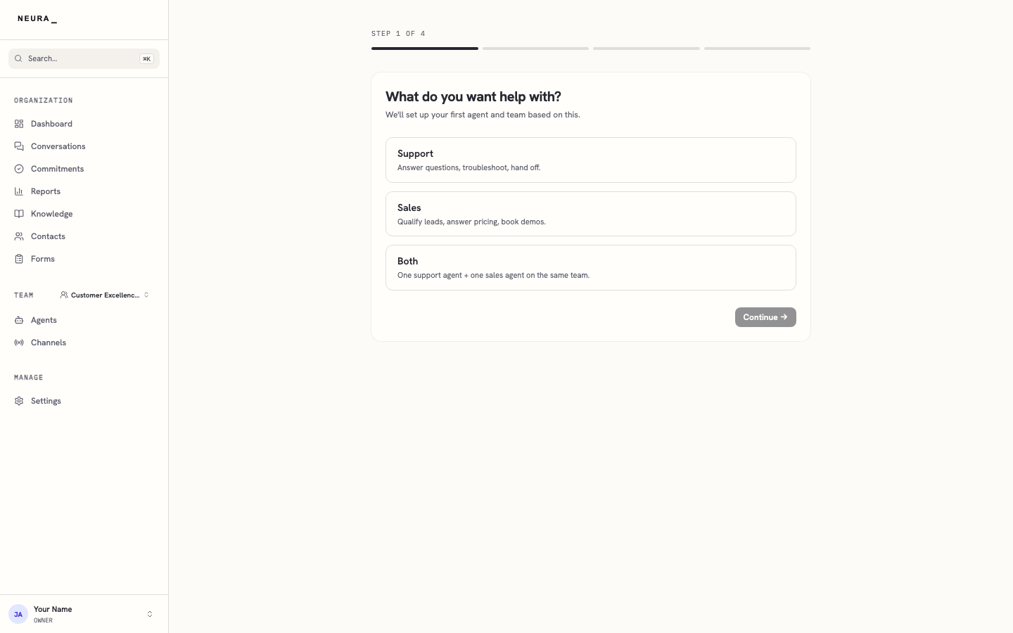 Step 2 — Choose what you want help with — Support, Sales, or Both.
