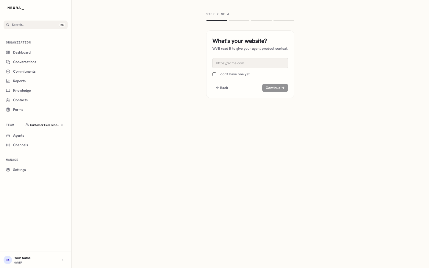 Step 4 — Enter your website so Neura can learn about your business.