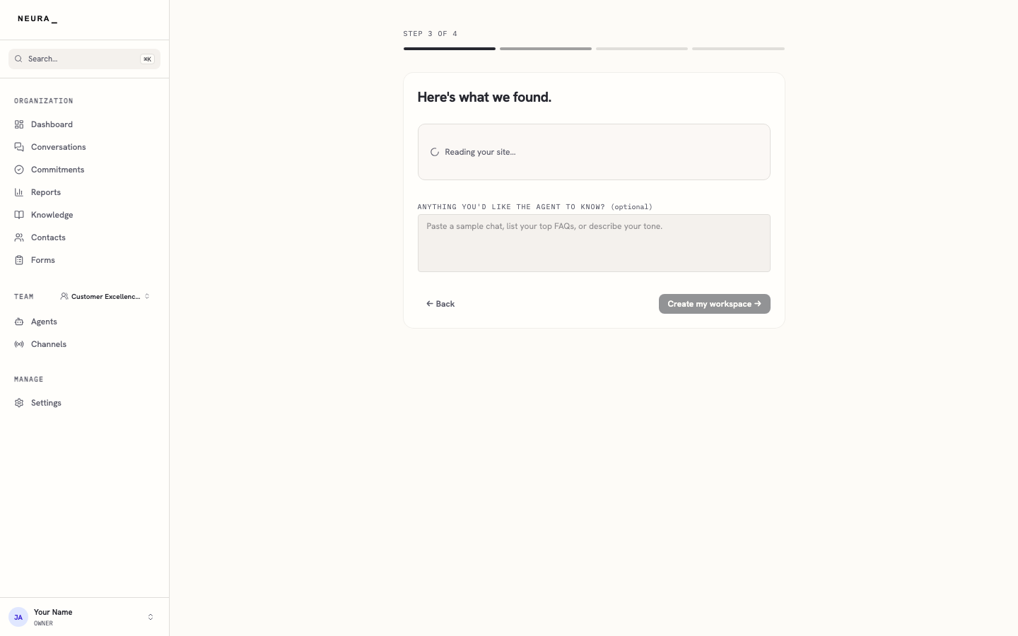 Step 6 — Review what Neura found, add any notes, then click Create my workspace.