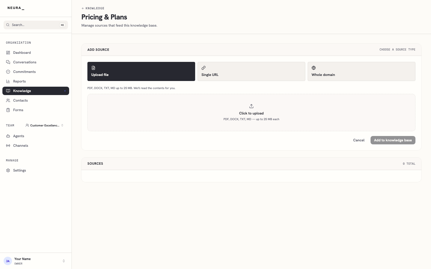 Step 5 — Click Add source to add a file, web page, or domain.