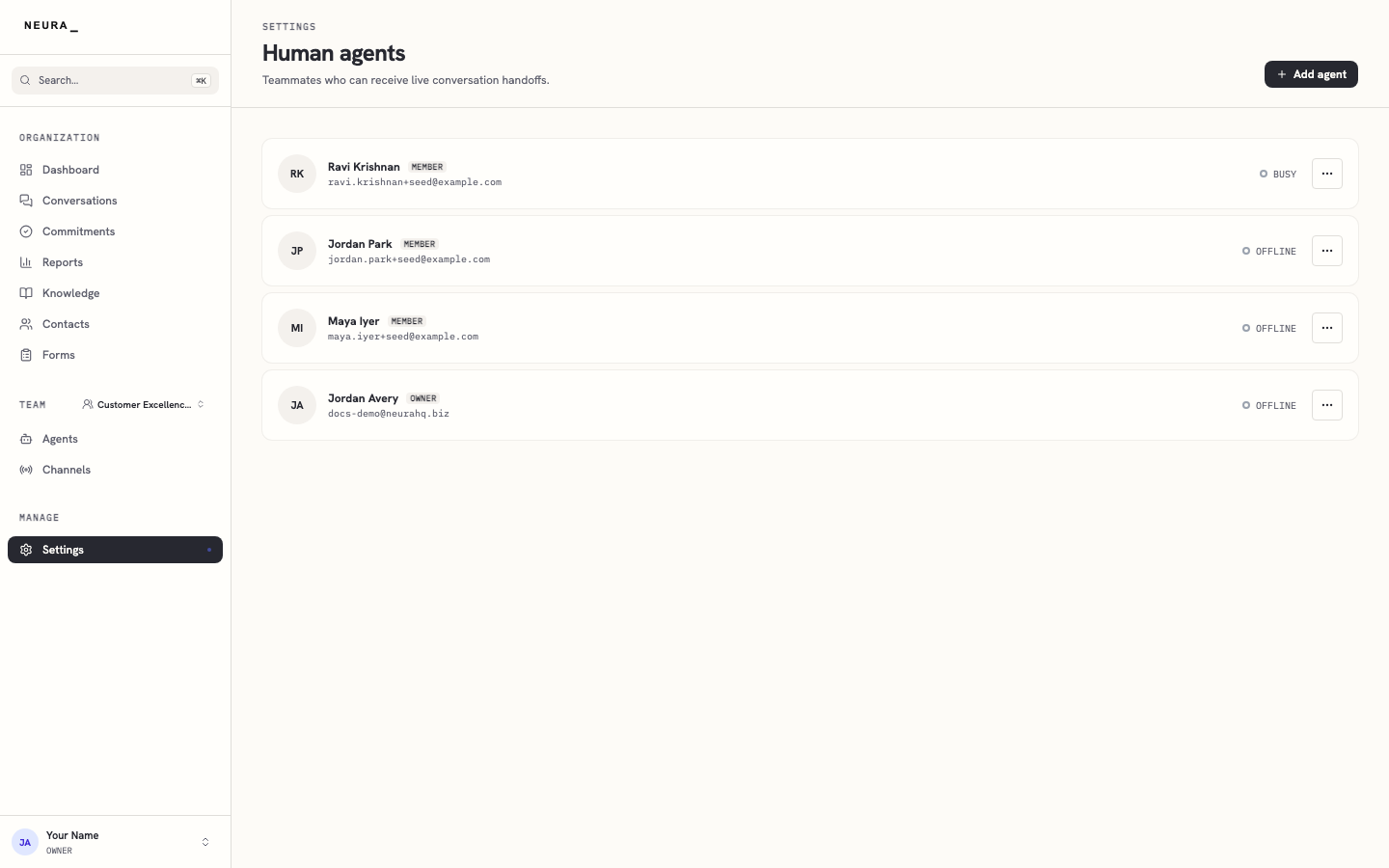 Step 2 — Review your roster of human agents and their availability.