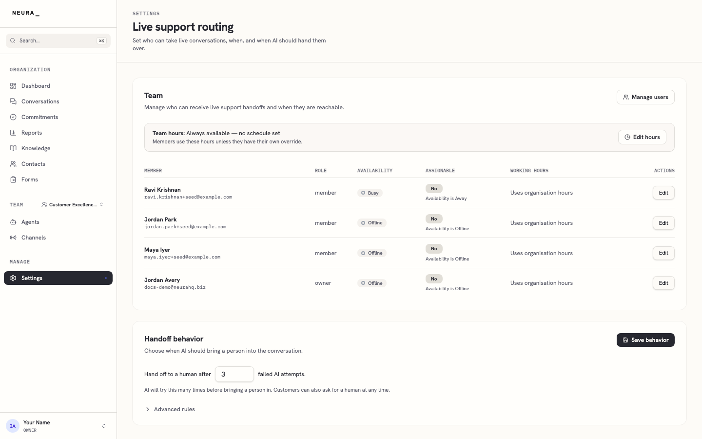 Step 2 — Review your team hours and handoff behaviour.