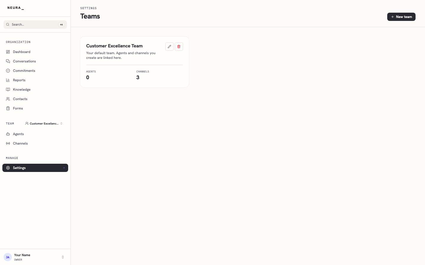 Step 2 — Review your teams and how many agents and channels each has.
