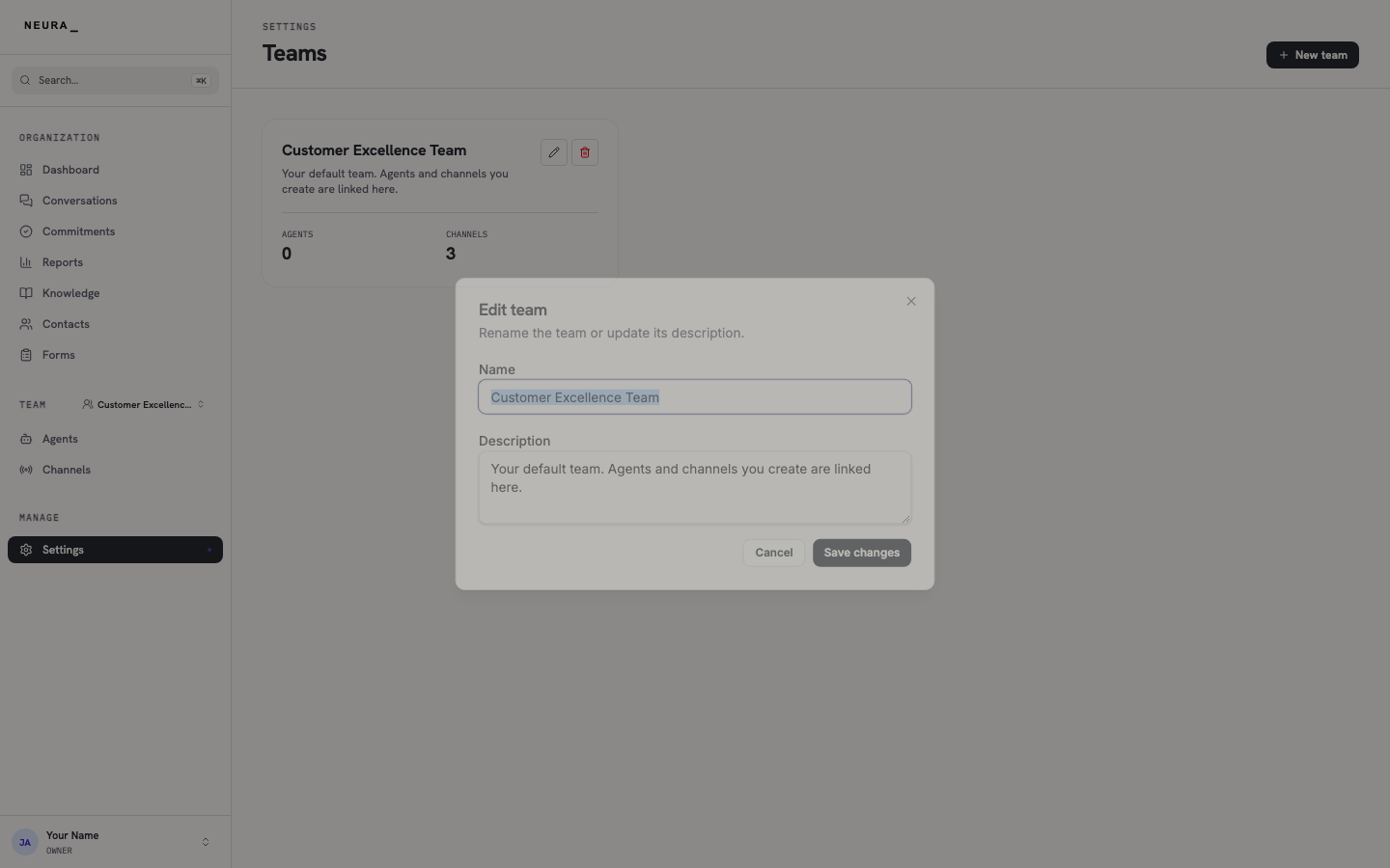 Step 4 — Edit the team's name and description, then click Save changes.